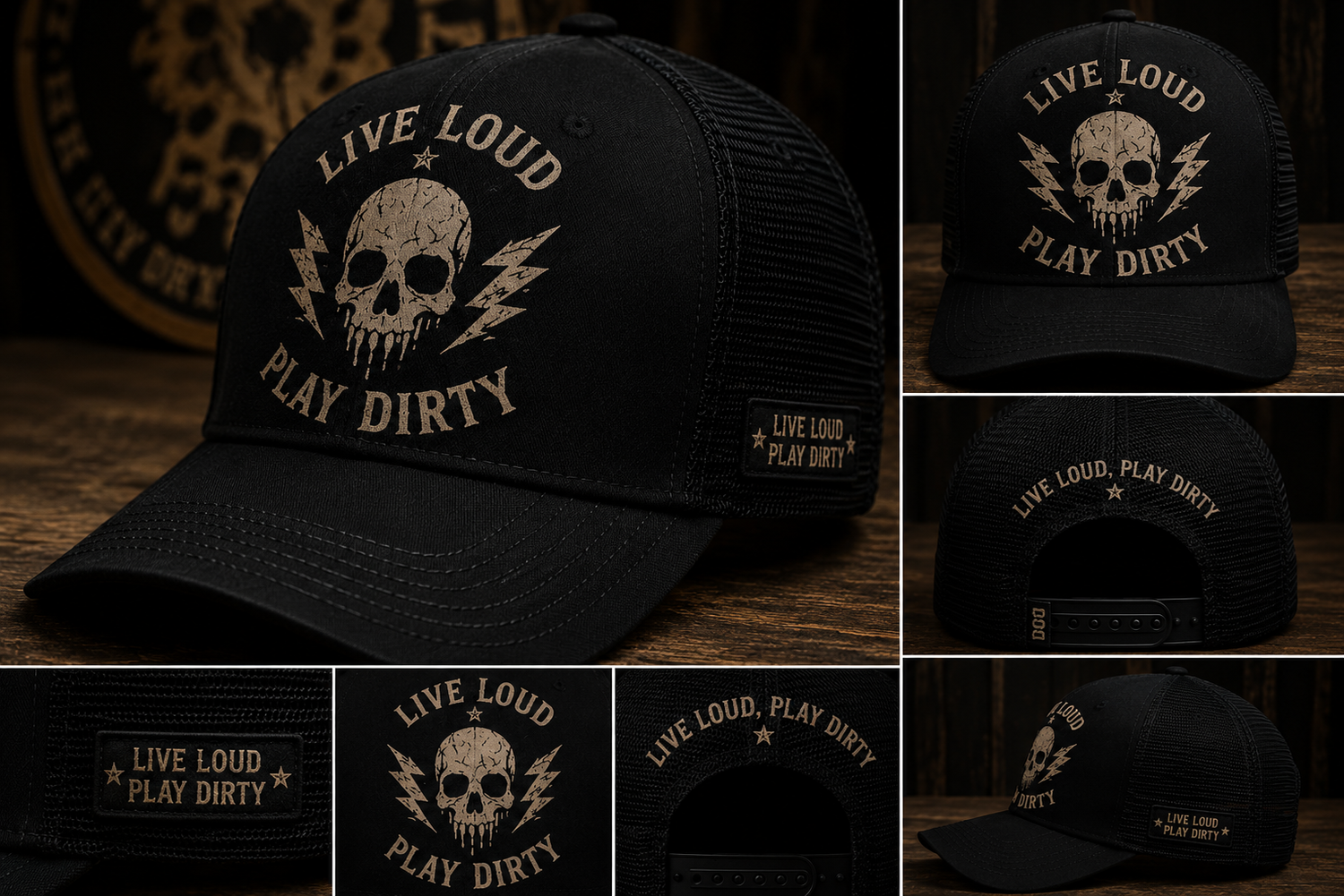 Live Loud Play Dirty Trucker Hat All black
